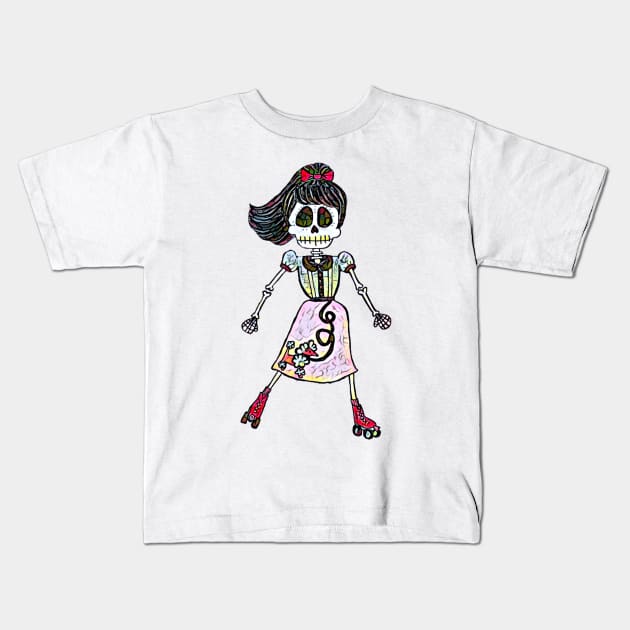 Lively Bones, Retro Roller Skater Kids T-Shirt by LuvbuzzArt